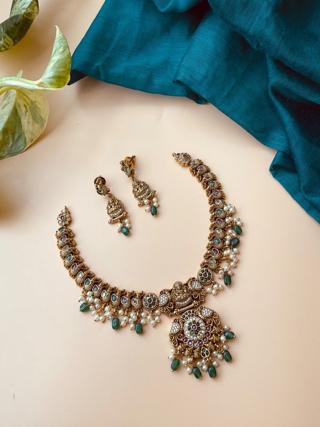 Ajrang Gold-Plated CZ Studded & Pearls Beaded Laxmi Mata Ji Design Necklace With Earrings