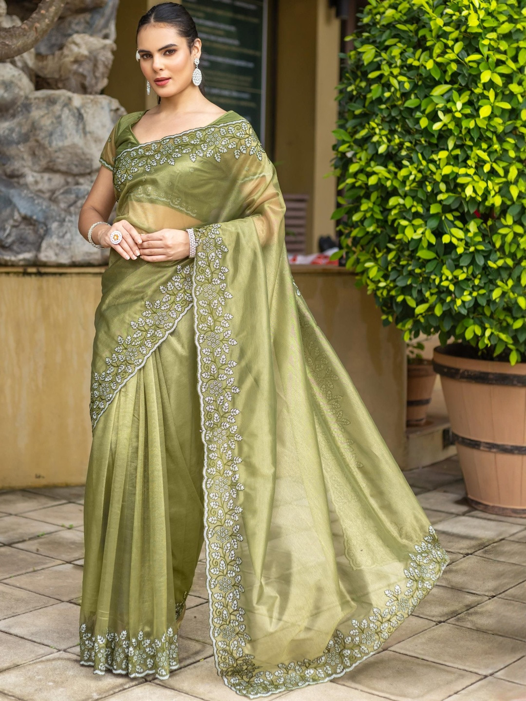 Smart Stree Embellished Embroidered Tissue Heavy Work Saree