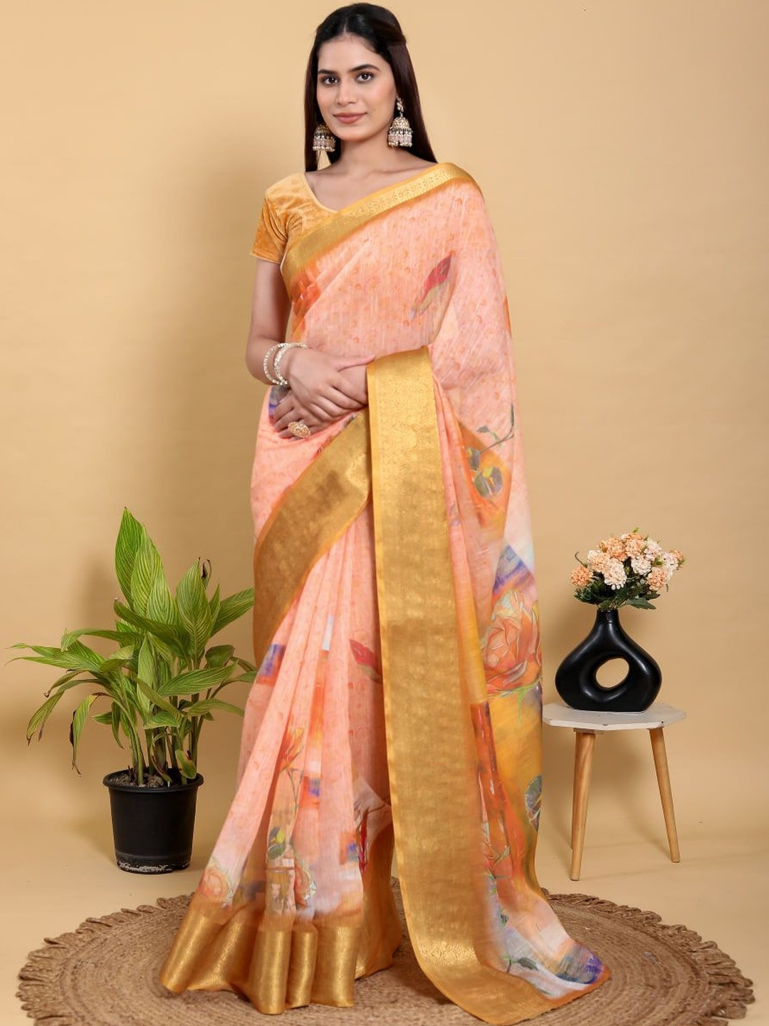 GAYATRI PATEL Floral Pure Linen Designer Saree