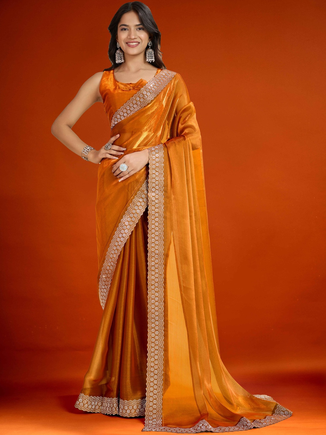 Women Embellished Barbie Blush Jimmy Choo Stone Work Saree with Designer Border