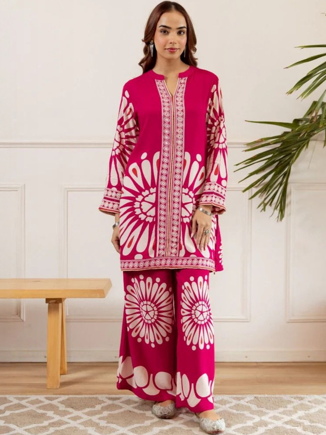 Printed Shirt Collar Long Sleeves Tunic with Palazzos