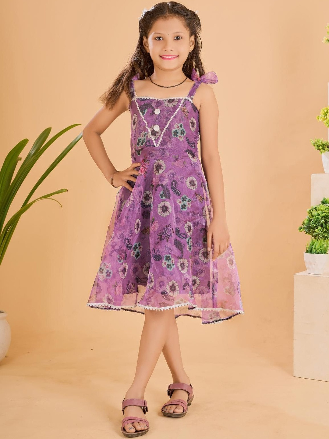 FULPARI Girls Floral Poly Silk Printed Square Neck Ethnic Dresses