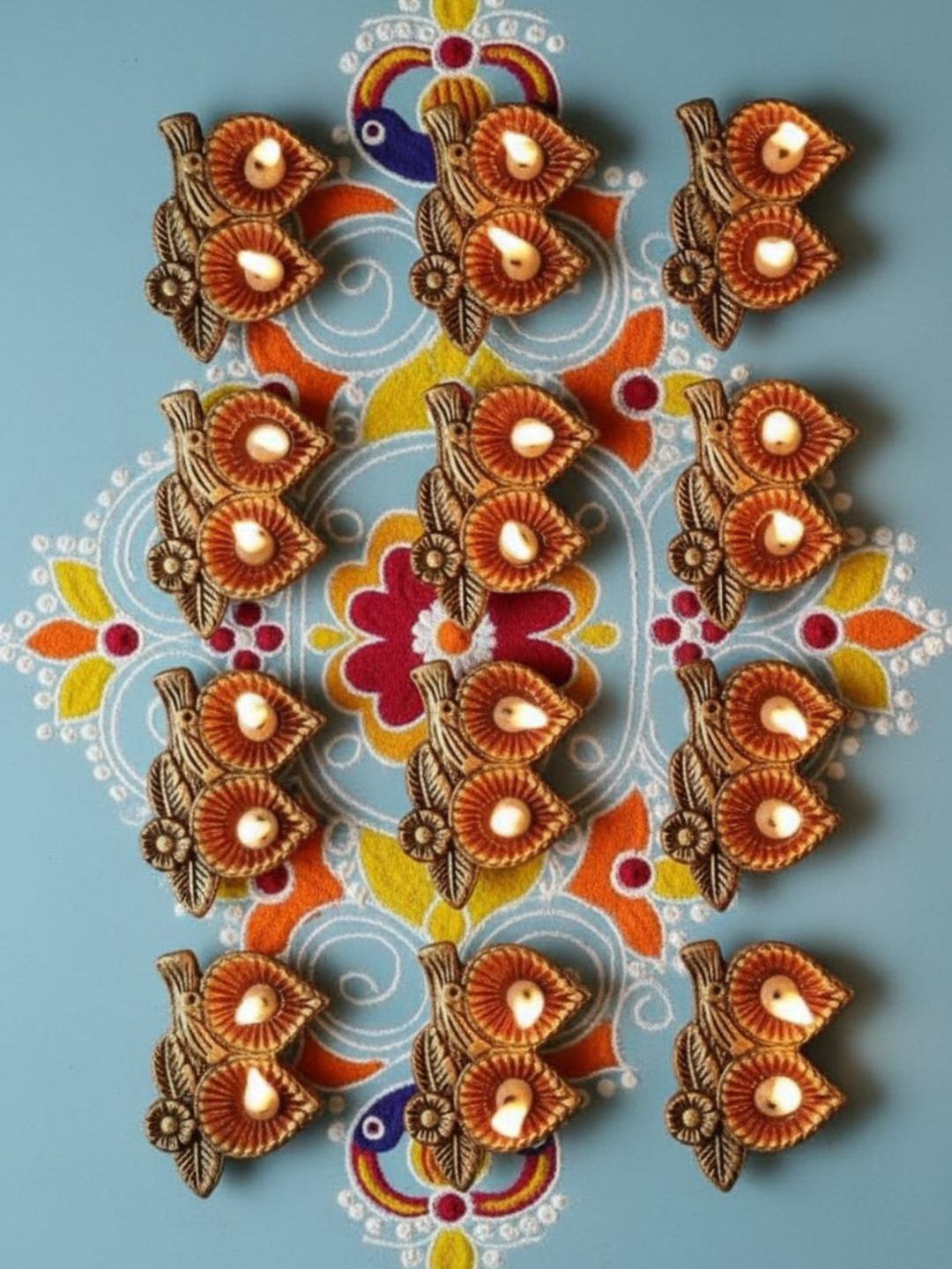 The handicraftian Bronze-Coloured & Gold-Toned 7 Pieces Textured Leaf Diyas