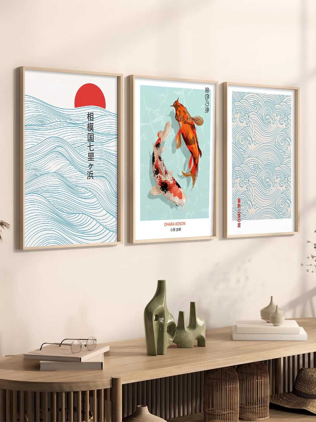 Kotart Brown & White 3 Pieces Fishes Printed Wooden Wall Arts