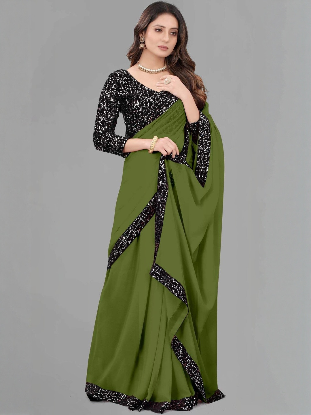 MEAVEN FEB Elegant Black Velvet Saree with Designer Sequin Work