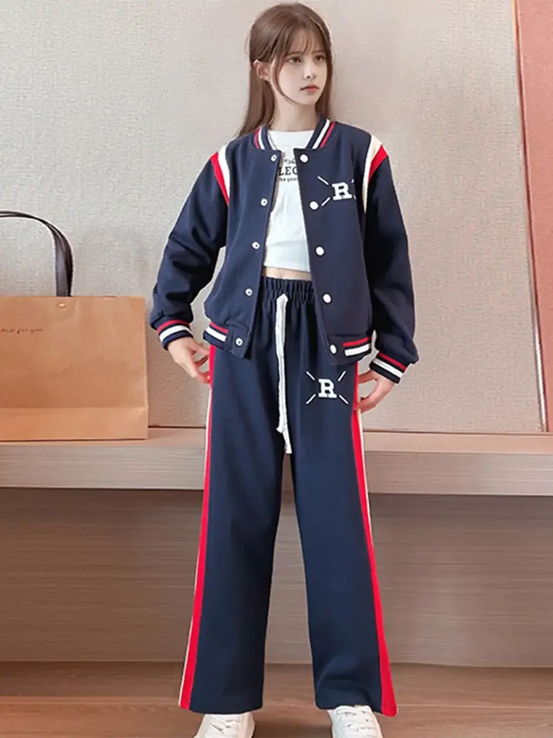 INCLUD Girls Printed Long Sleeves Varsity Jacket With Trouser