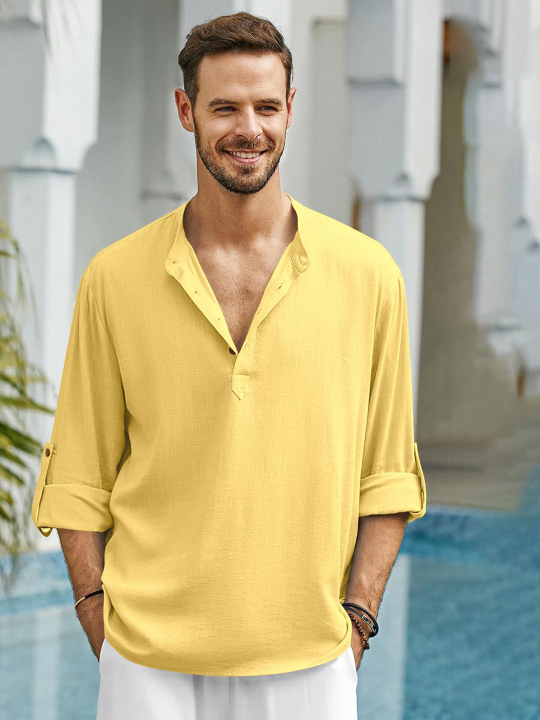 ZELINCO Mandarin Collar Roll-Up Sleeves Short Kurta
