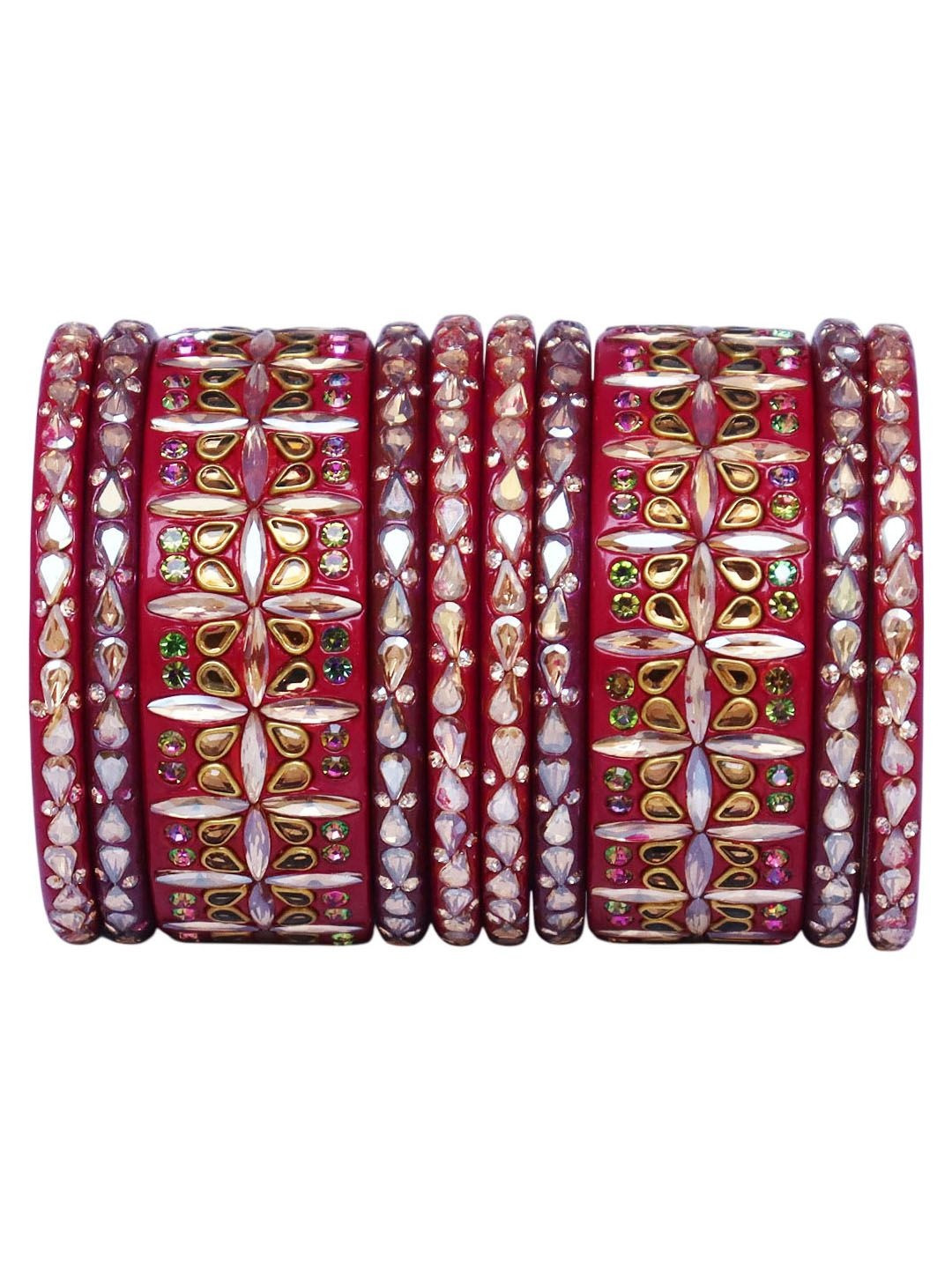 TAJ BRIDAL STORE Set Of 10 Kundan-Rhinestones Studded Bangles