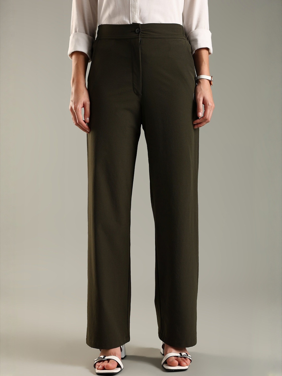 DOMIN8 Women Classic Woven Straight Fit Workleisure Pant with Zipper & Elastic opening