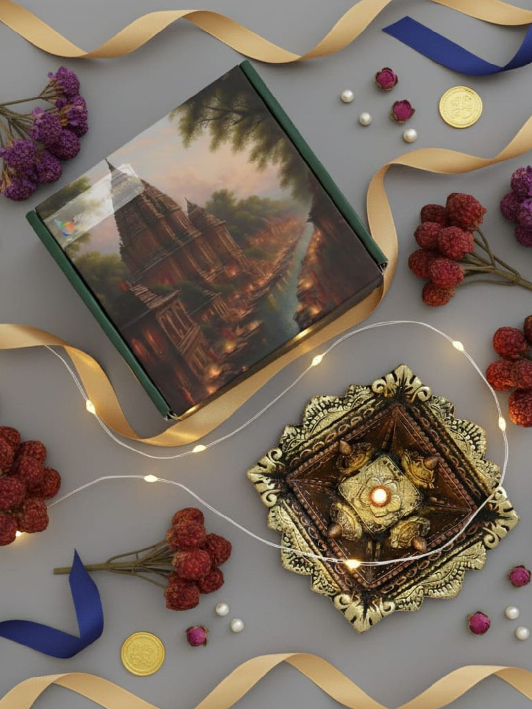 The handicraftian Brown & Yellow 2Pcs Eco Friendly Textured Large Chaarmukhi Diyas