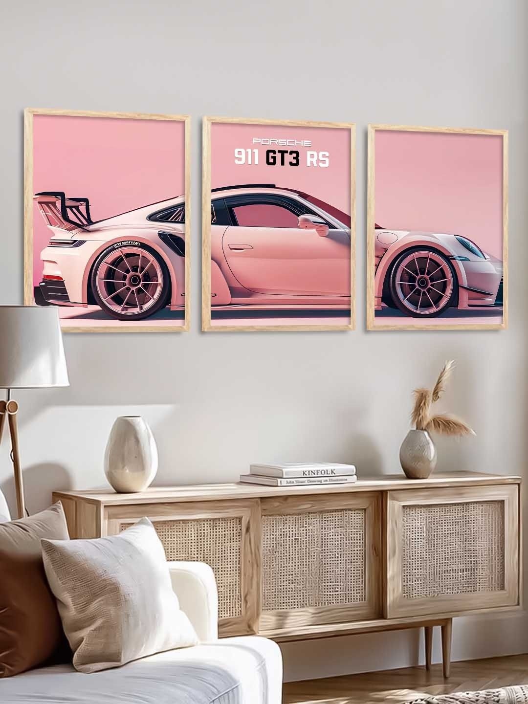 Kotart Pink & Brown 3 Pieces Wooden Abstract Wall Posters