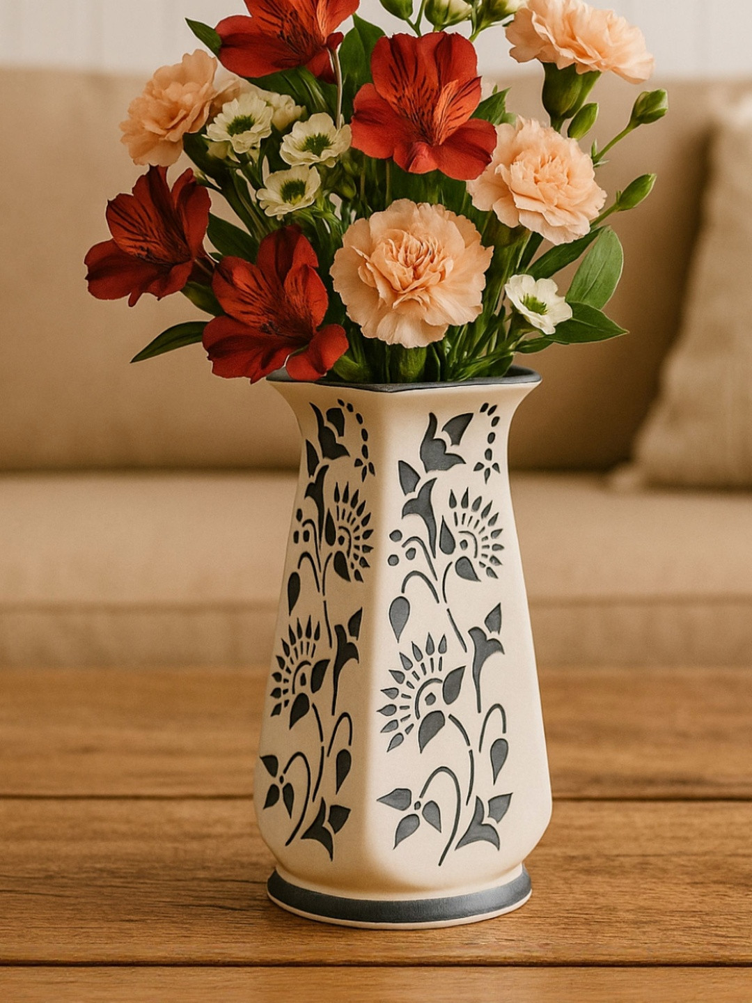 GLOBALLY INDIAN White & Grey Floral Printed Handcrafted Ceramic Vase