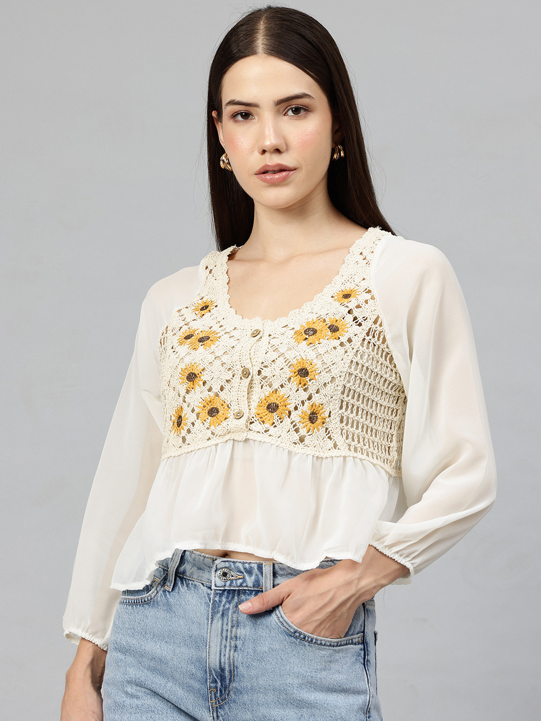 Pierre Carlo Floral Embroidered Open Knit Bodice Top