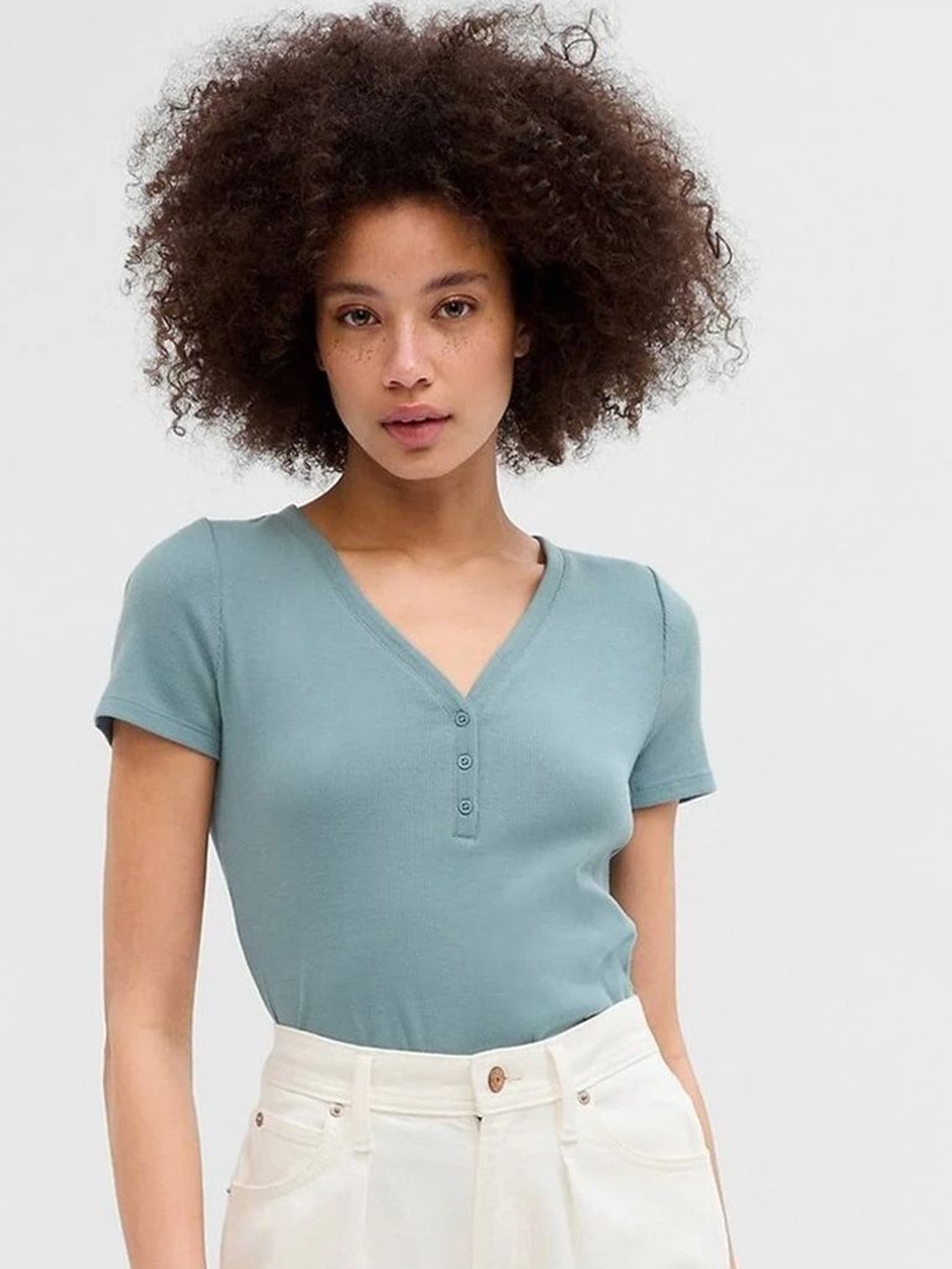 GAP Women Ribbed Slim Fit Henley Neck Fitted Top