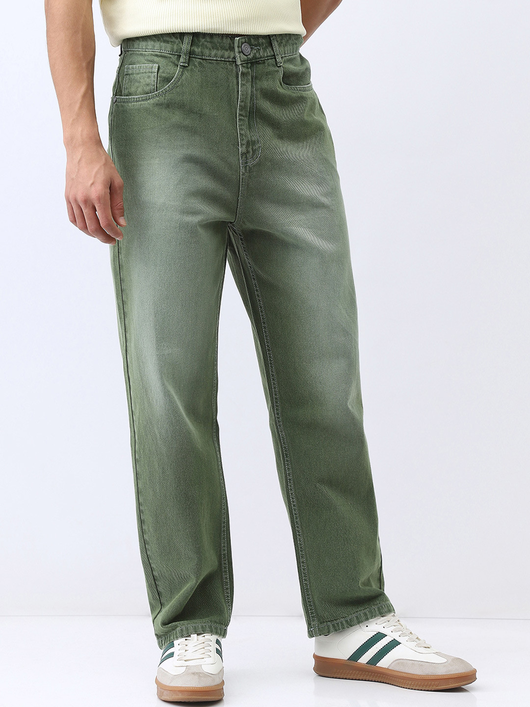 Urbano Fashion Men's Olive Loose Baggy Fit Washed Jeans