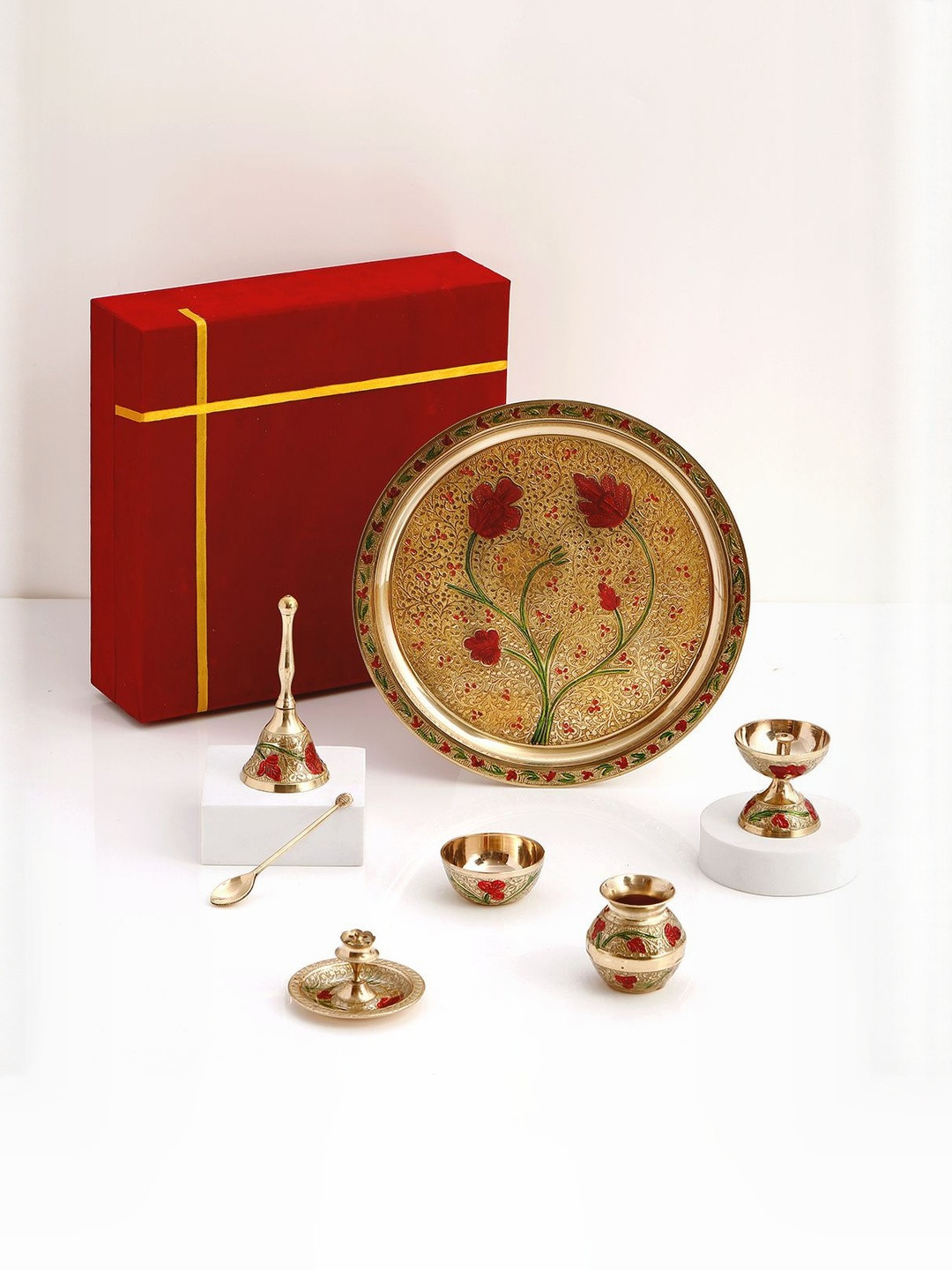 Archies Gold Toned And Red 7 Pieces Textured Premium Pooja Thali Set
