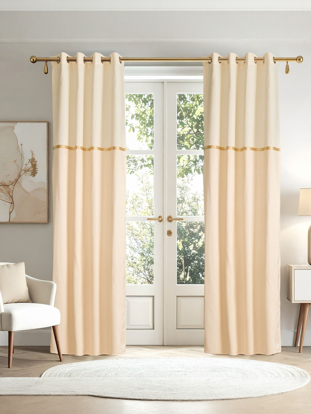 Home Centre Elrene Whimsy Cream-Coloured & Gold-Toned 2 Pieces Jacquard Door Curtains
