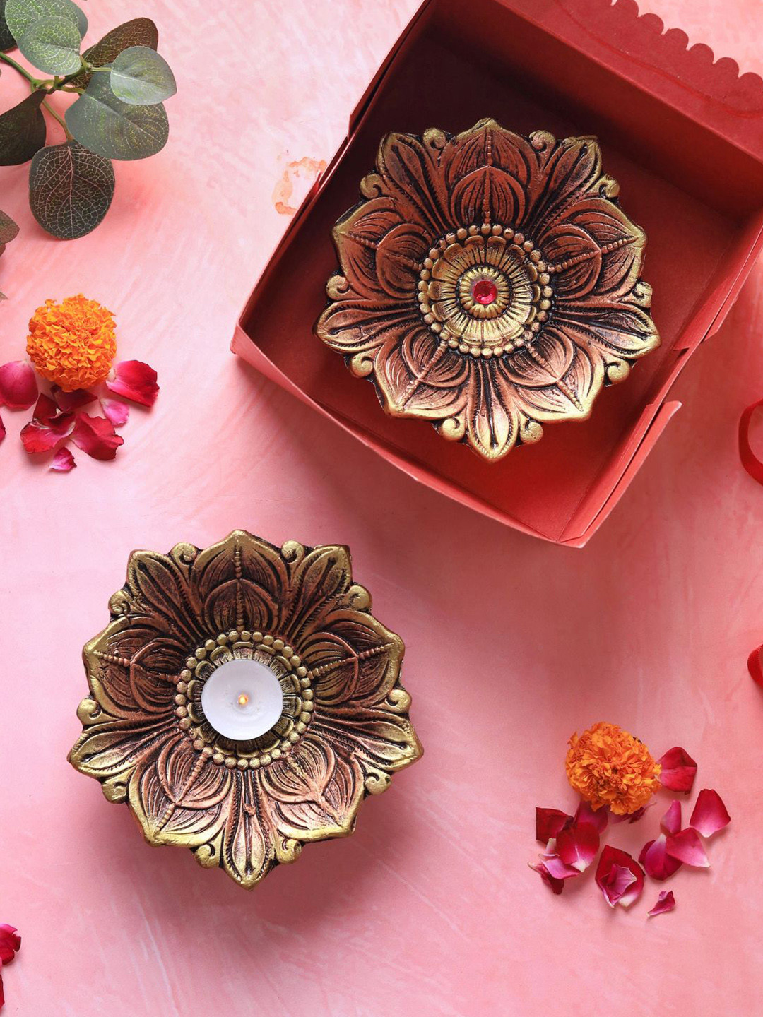 The handicraftian Brown & Yellow 2 Pieces Textured Large Lotus Diyas