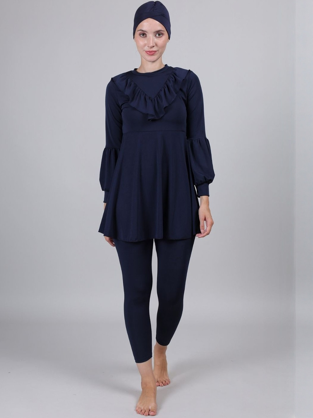 MEGASKA Women 3-Piece Round Neck Ruffle Full Coverage Burkini Swim Set