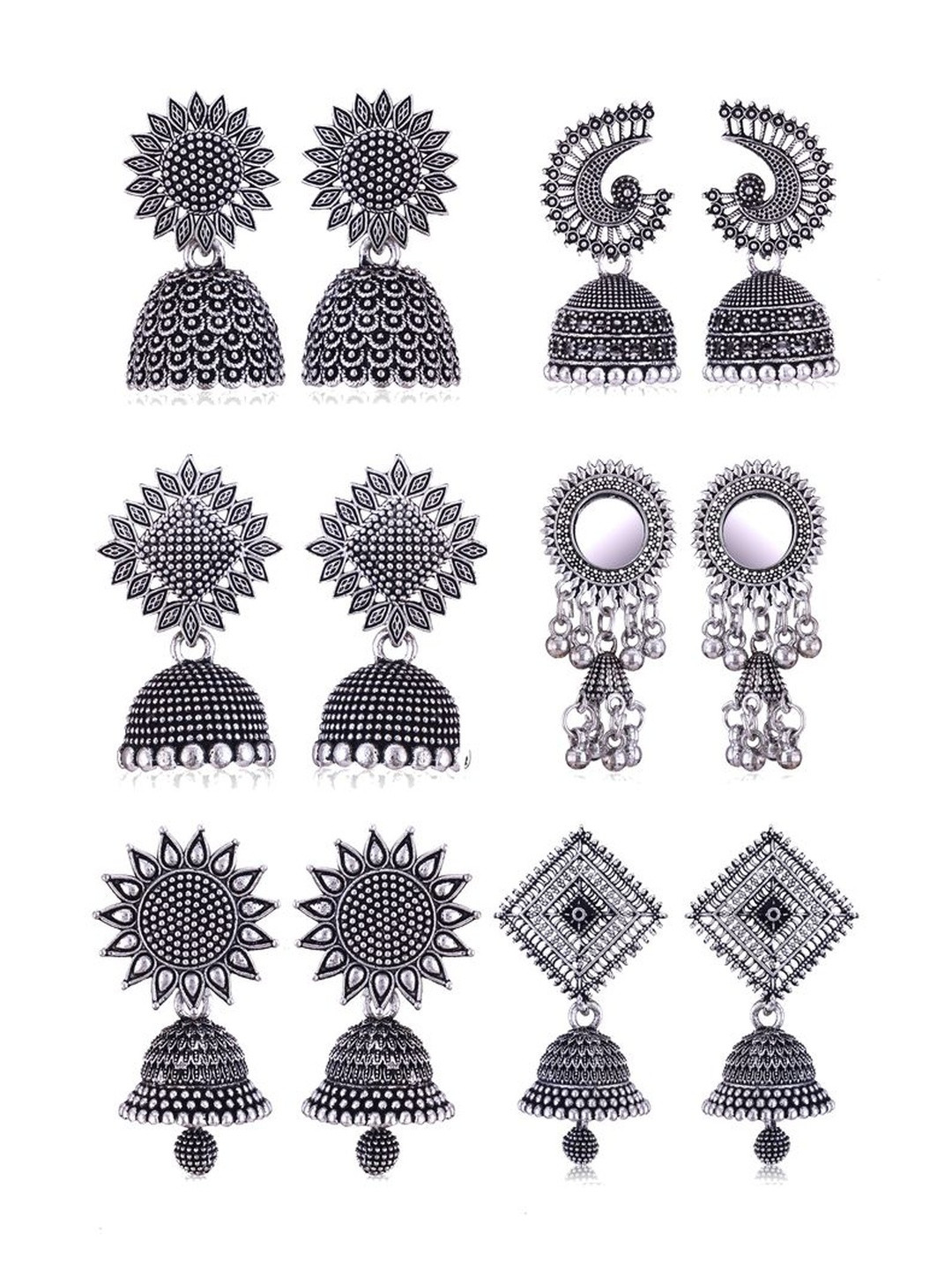 DIVASTRI Women Geometric 6 pair Oxidized Jhumkas Earrings