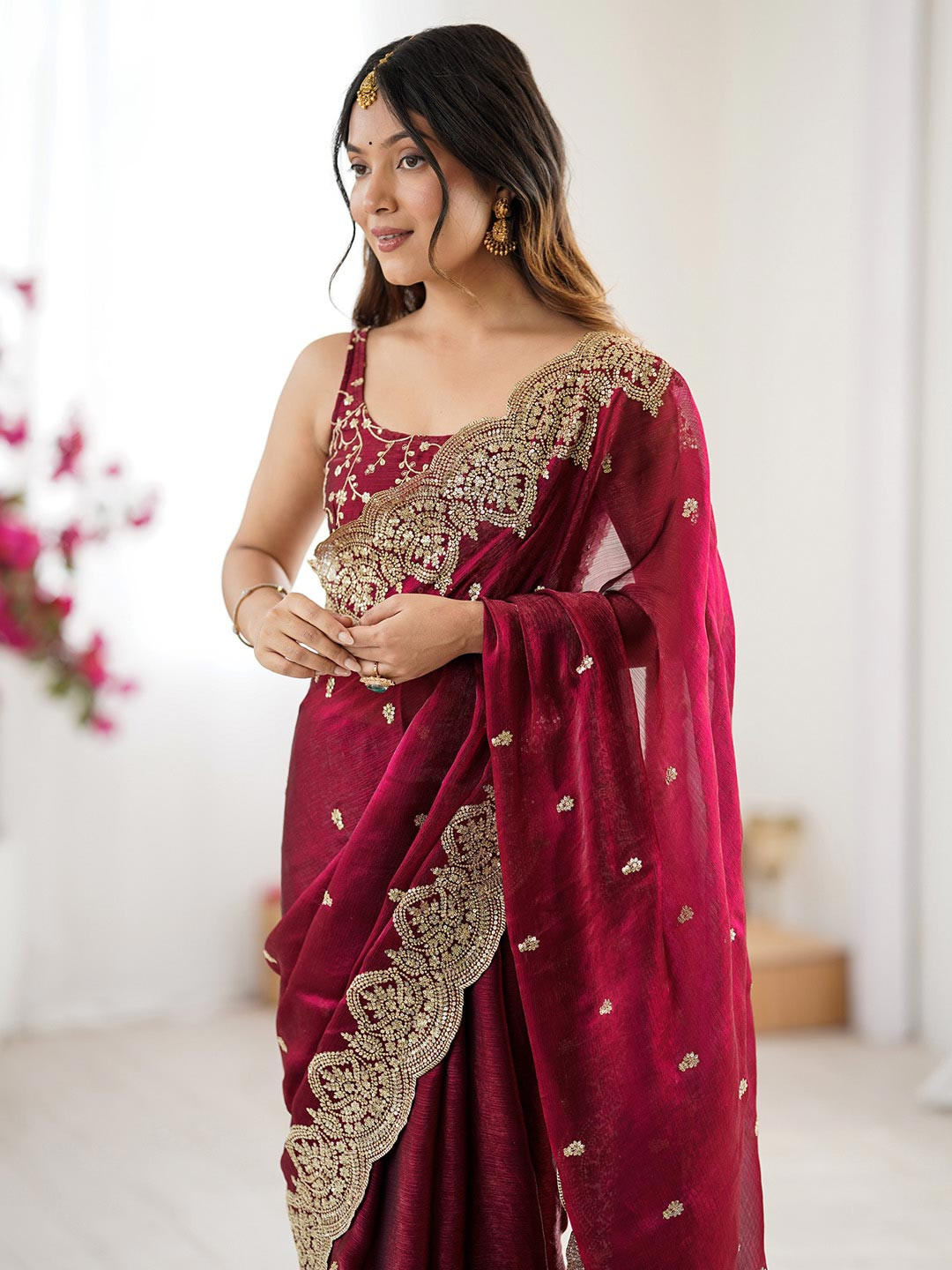 Anouk Burgundy Chiffon Ethnic Embellished Festive Wear Saree with Matching Blouse