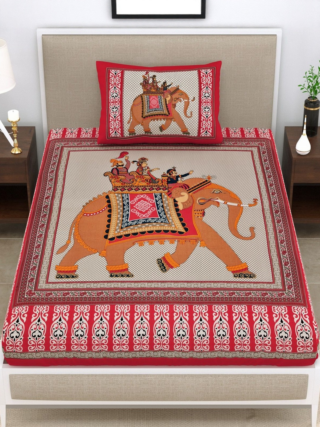 DHANOTA Pink Printed Cotton 160 TC Single Bedsheet & 1 Pillow Cover 89.7 inch x 59.8 inch