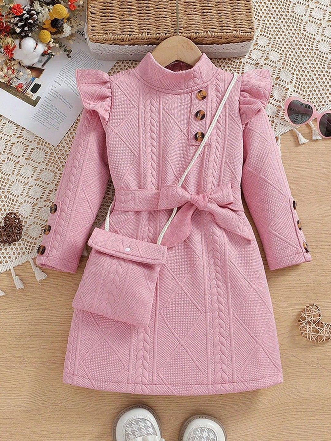 YK Girls High Neck Solid Self Design High Neck Belted Bodycon Mini Dress