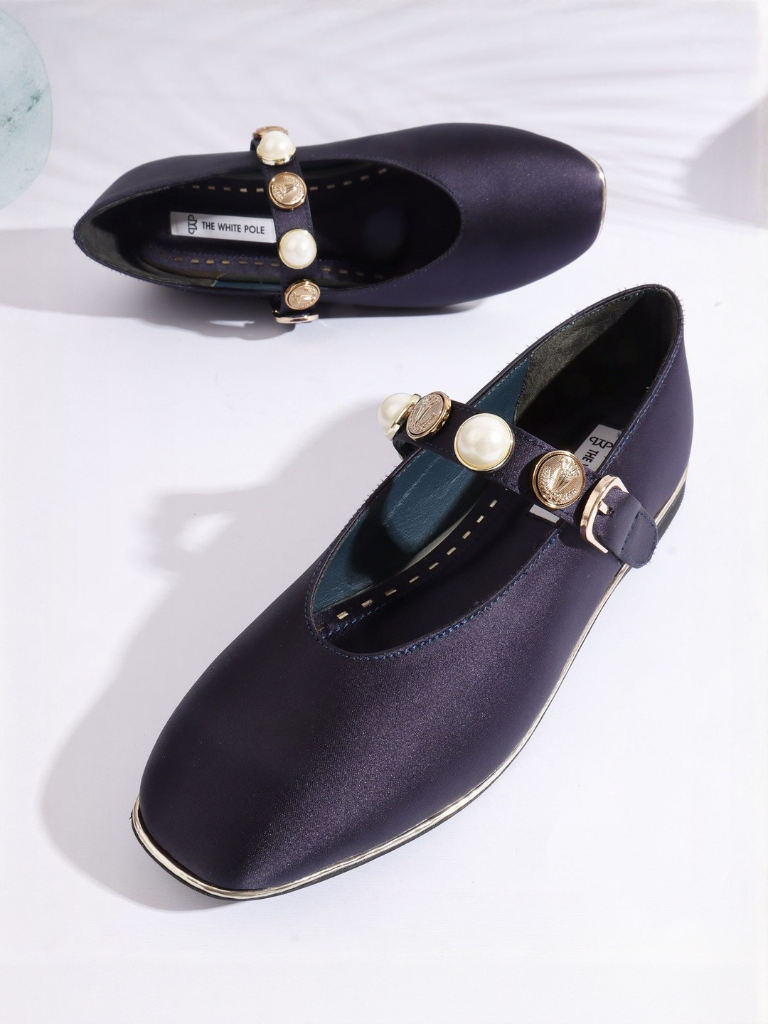 THE WHITE POLE Elegant Flat Ballerinas With Pearl & Gold Button Strap