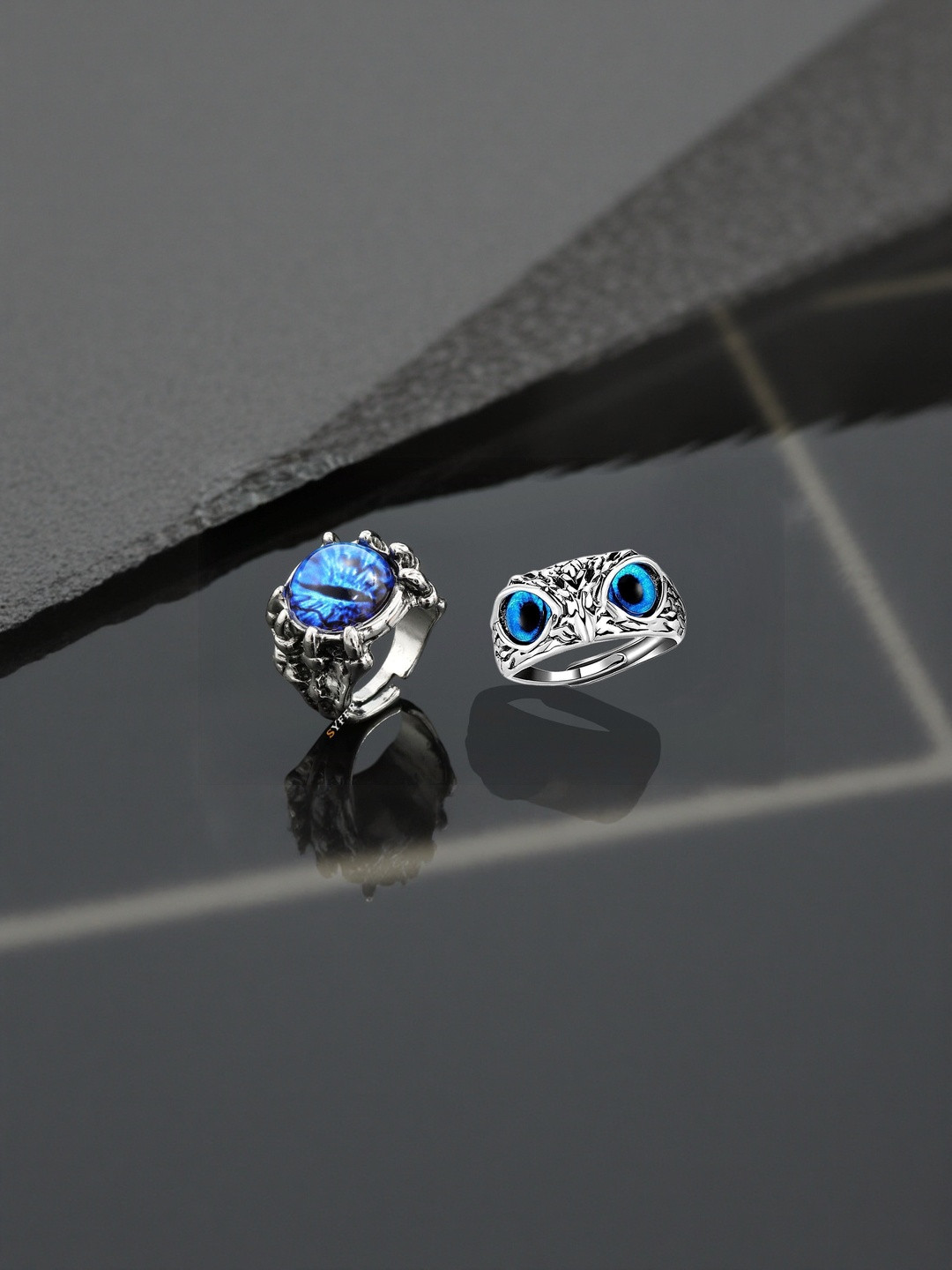 J.S ENTERPRISES Unisex Set of 2 Stainless Steel Owl & Dragon Claw Finger Rings