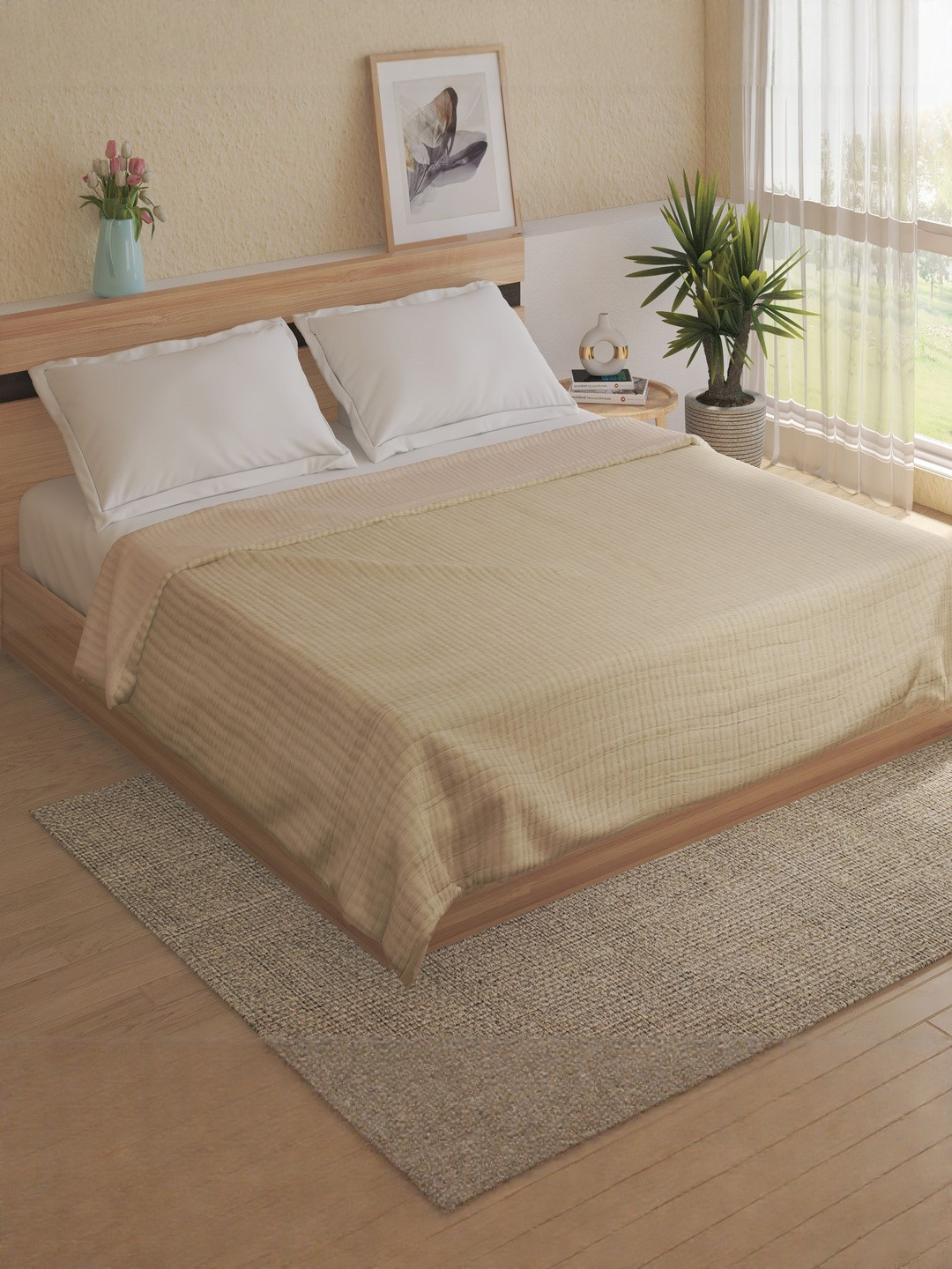 Home Centre Beige 144 TC Queen Bedsheet with Pillow Covers 107.87 inches x 86.61 inches