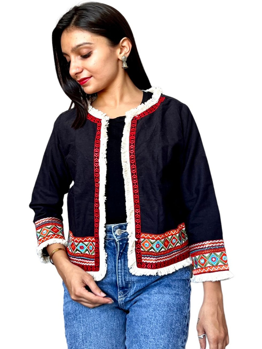 TAVAN Embroidered Open Front Shrug with Fringes