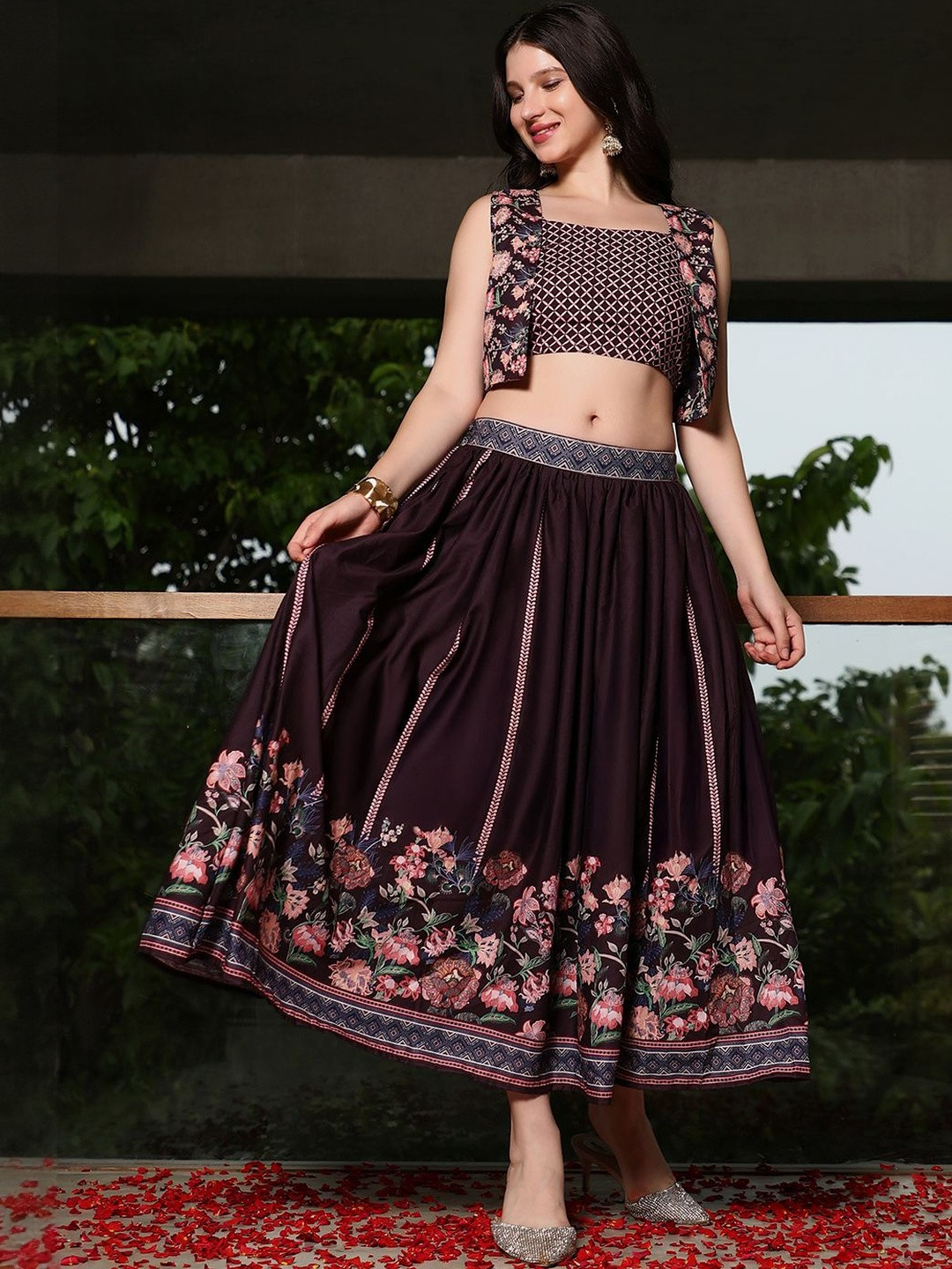 QISSA Red Printed Shoulder Straps Neck Top With Skirt Co-Ords