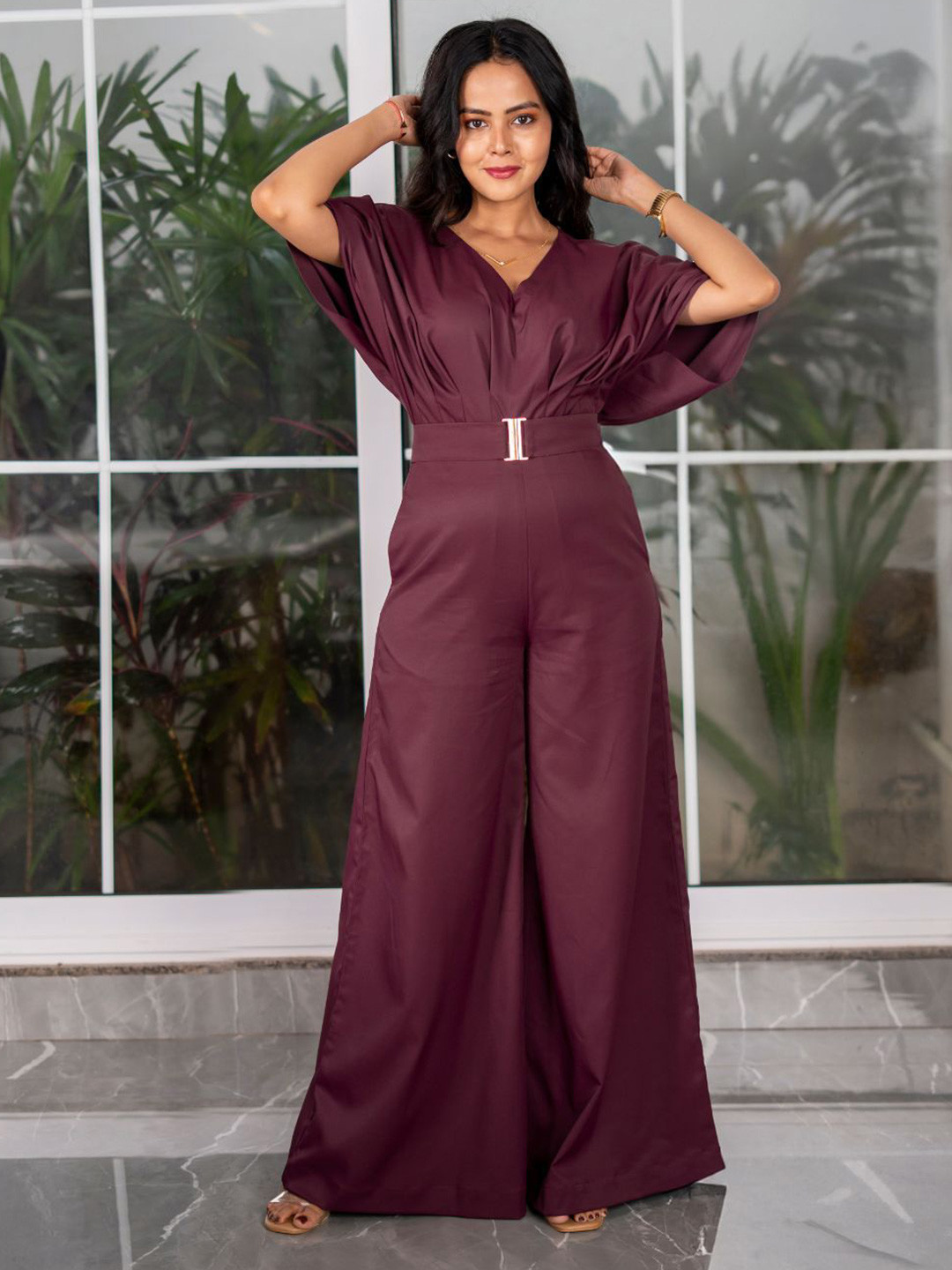 LUXERAA V-Neck Three-Quarter Sleeves Basic Jumpsuit