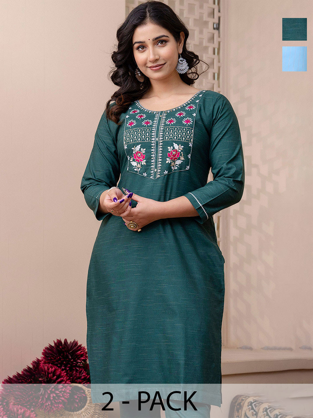 Auzanoor Collection Women Pace Of 2 Round Neck Cotton Straight Kurtas