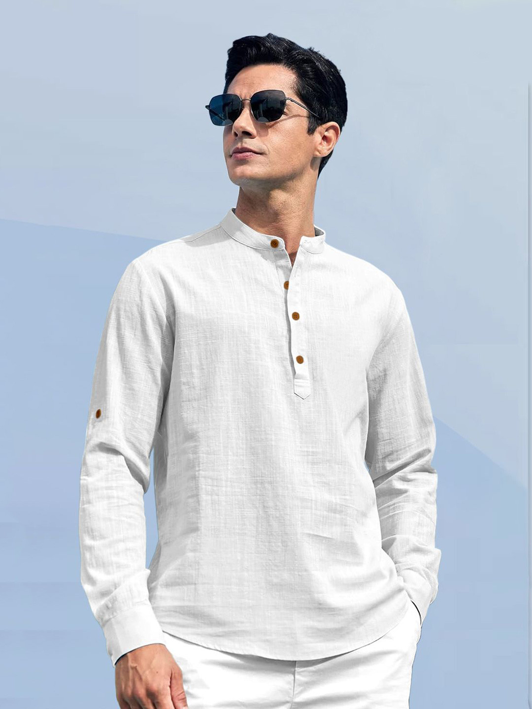ZELINCO Mandarin Collar Roll-Up Sleeves Straight Short Kurta