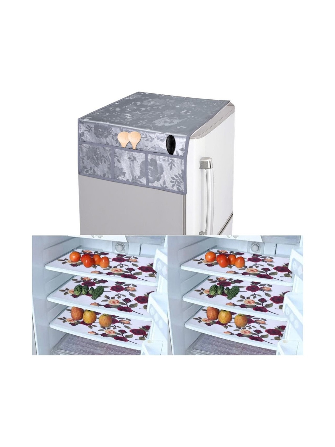 CROSMO Multi Color Printed Pack of 7 Plastic Fridge Top Cover and Fridge Mats