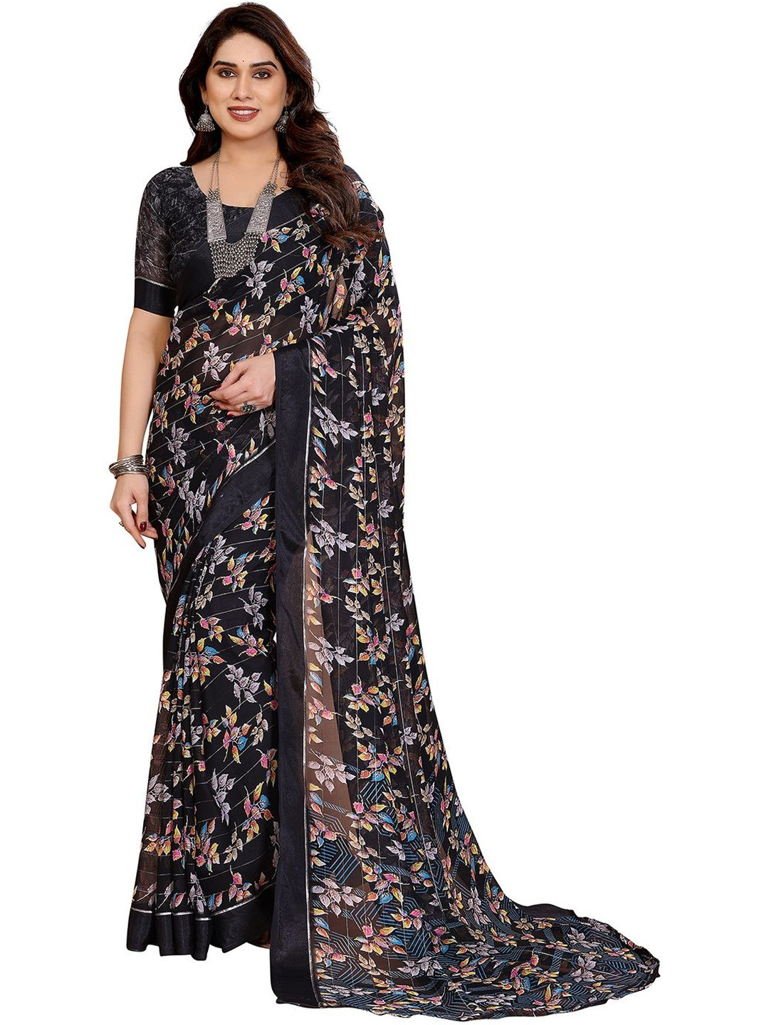 Moda Rapido Women Leaves Print Georgette-Satin Saree
