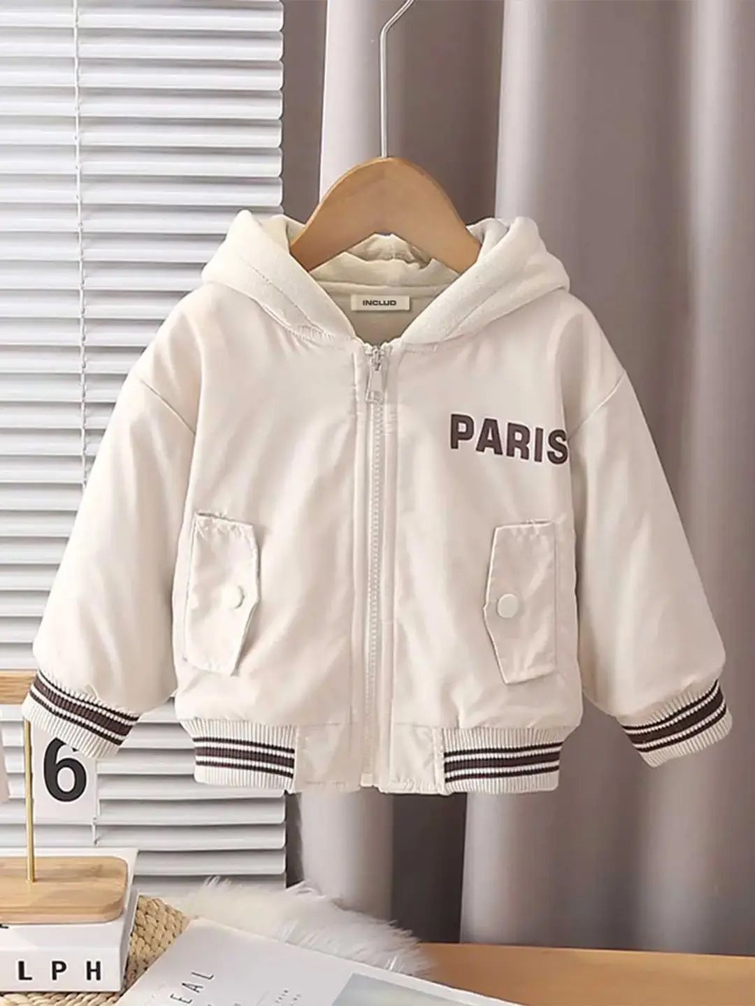 Boys Beige Boys Typography Printed Hooded Jacket