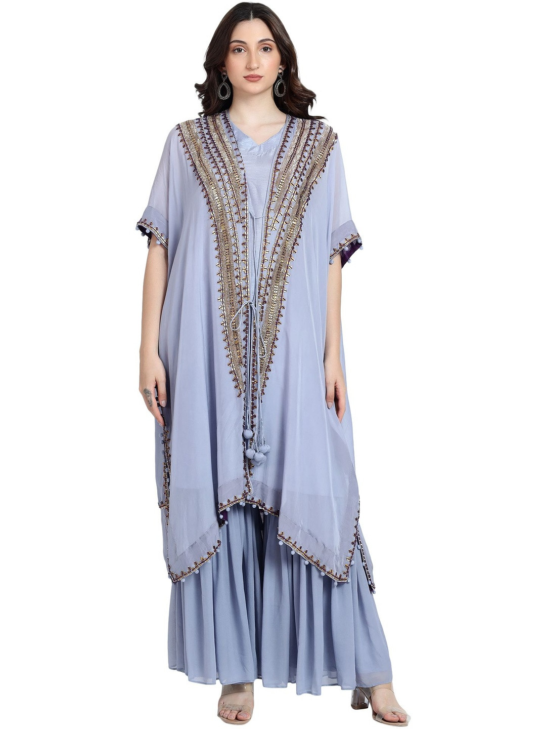 QAIYNAT Embroidered Round-Neck Top & Shrug With Sharara Co-Ords