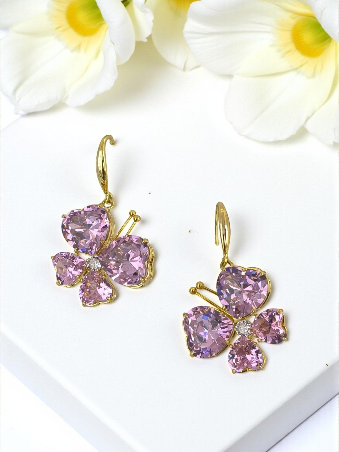 AVANT-GARDE PARIS Gold Plated Swarovski Crystals Studded Butterfly Shaped Drop Earrings