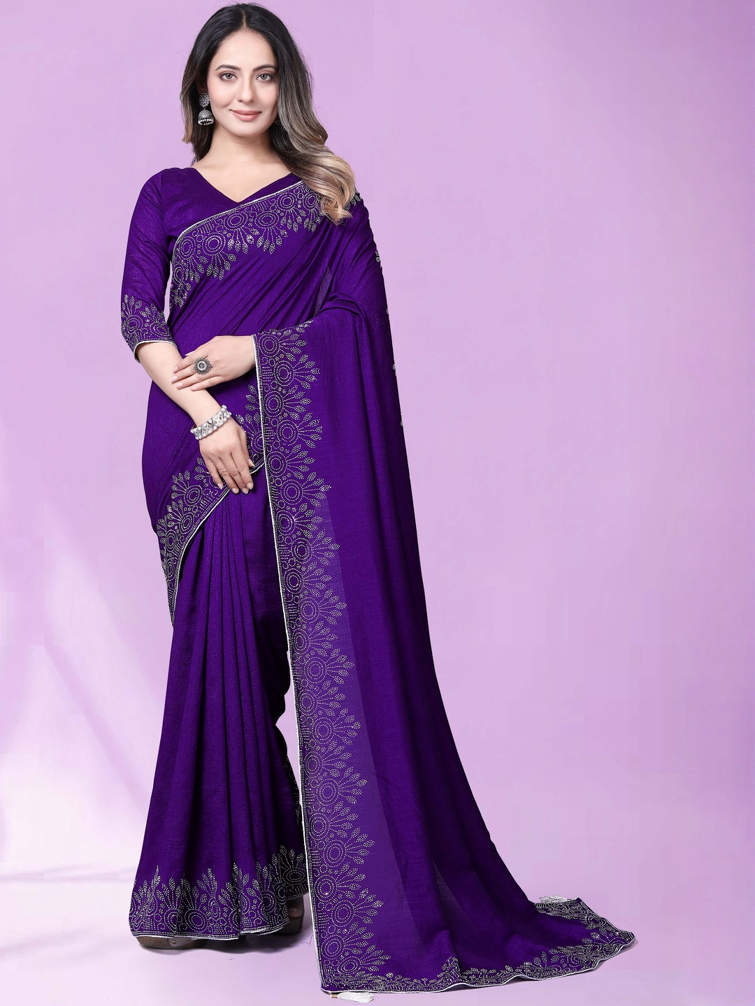 Women Pure Georgette Graceful Saree with Exquisite Diamond Embellishment Heavy Work Saree
