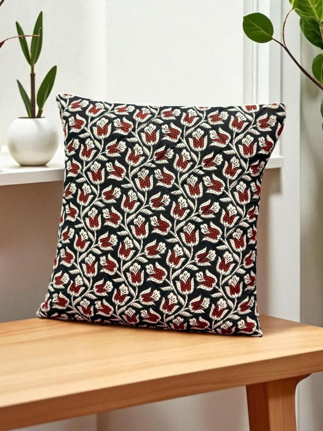 Bedbathandbliss Black Set of 5 Floral Jaipuri Printed Quilted Square Cushion Covers