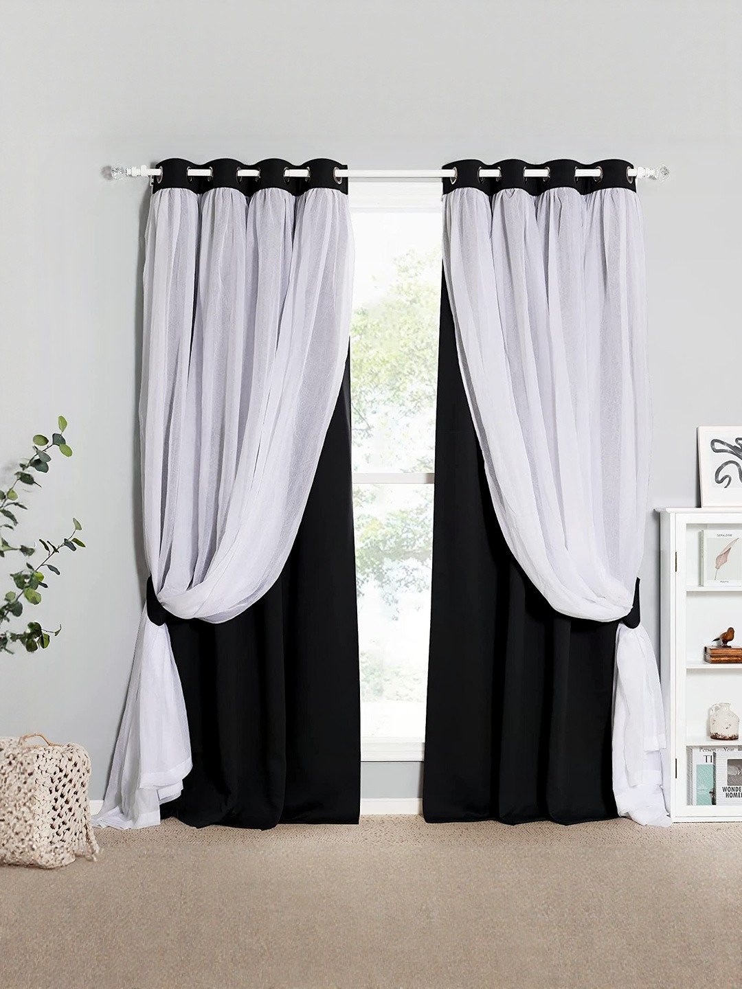 BFAM Black & White Set of 2 Floral Black Out Window Curtain