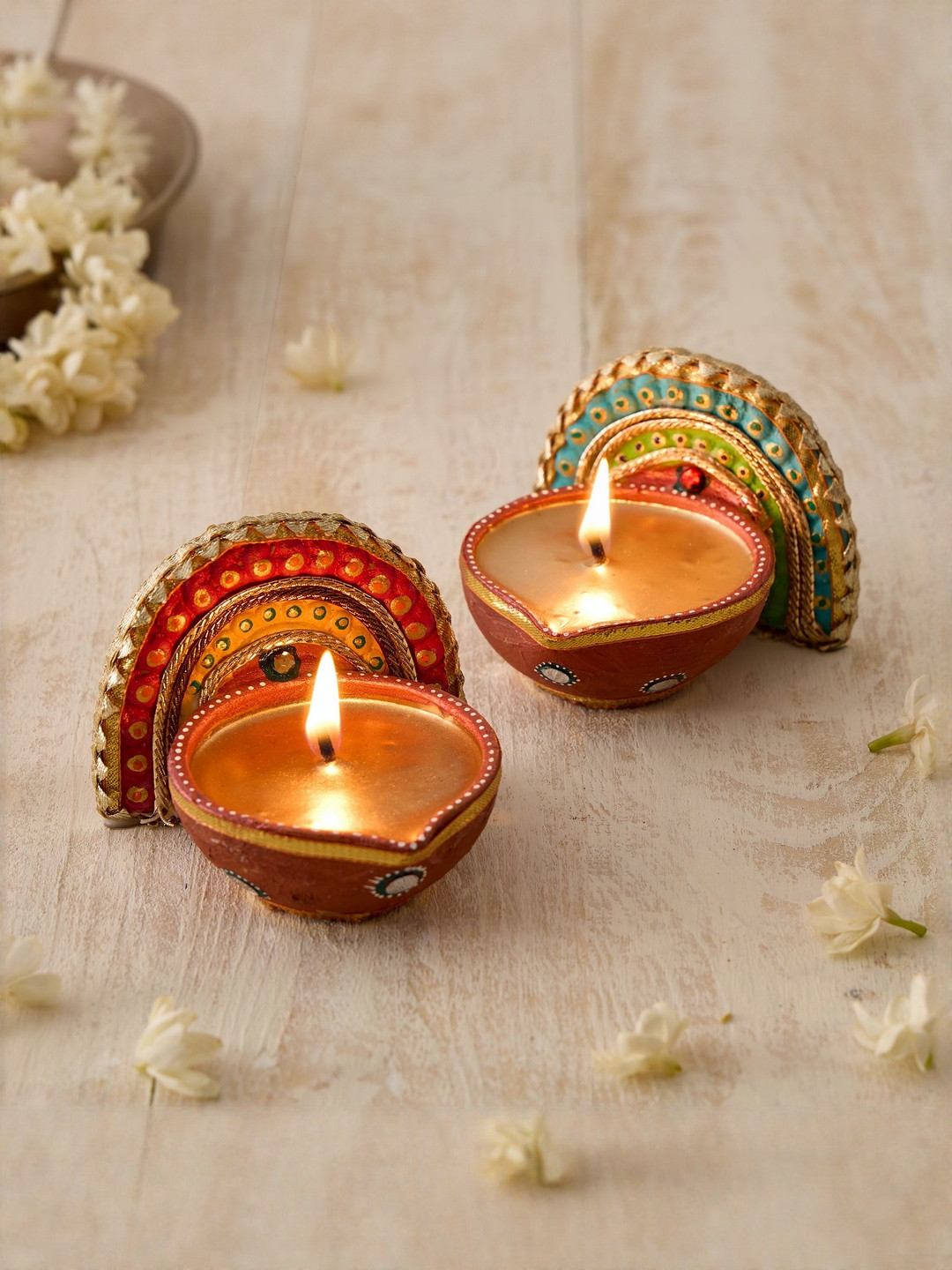 Home Centre Utsav Pink & Green 2 Pieces Embellished Clay Diyas