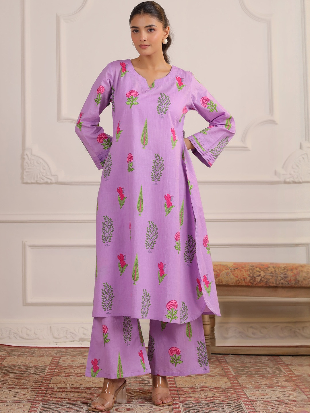 CRAFIQA Flora Printed V-Neck Pure Cotton Tunic With Trousers
