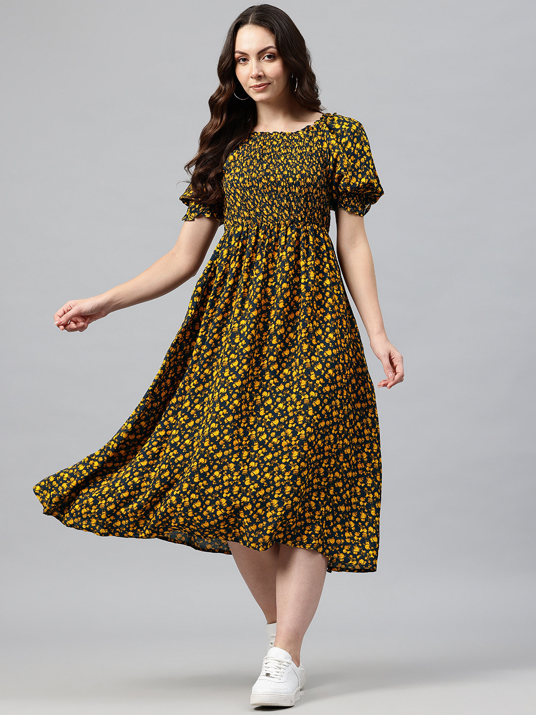 VARUSHKA Floral Print Puff Smocked Fit & Flare Dress