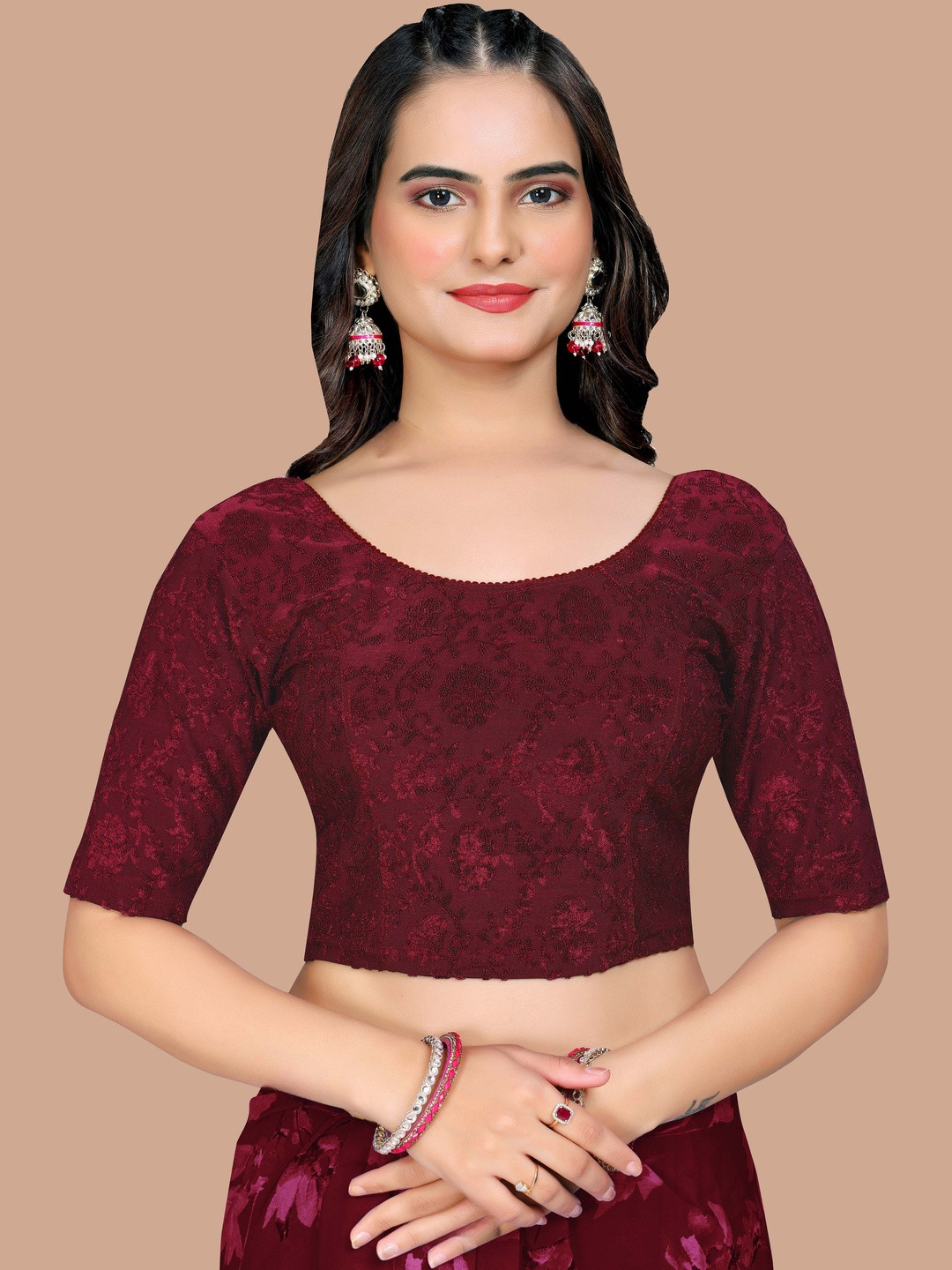 SHREEJI DESIGNER Woven Design Velvet Round Neck Short Sleeves Saree Blouse