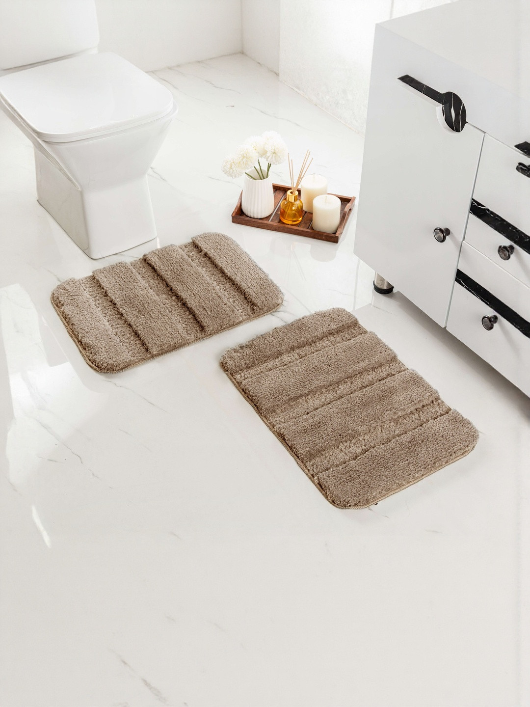 Saral Home Gia 2Pcs Brown Striped Non Slip Thick Fluffy Soft Microfiber 2000GSM Bath Rugs