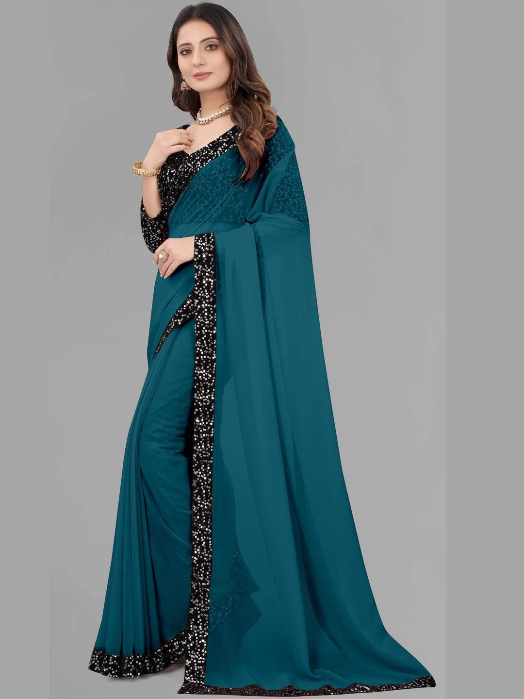 MEAVEN FEB Elegant Black Velvet Saree with Designer Sequin Work