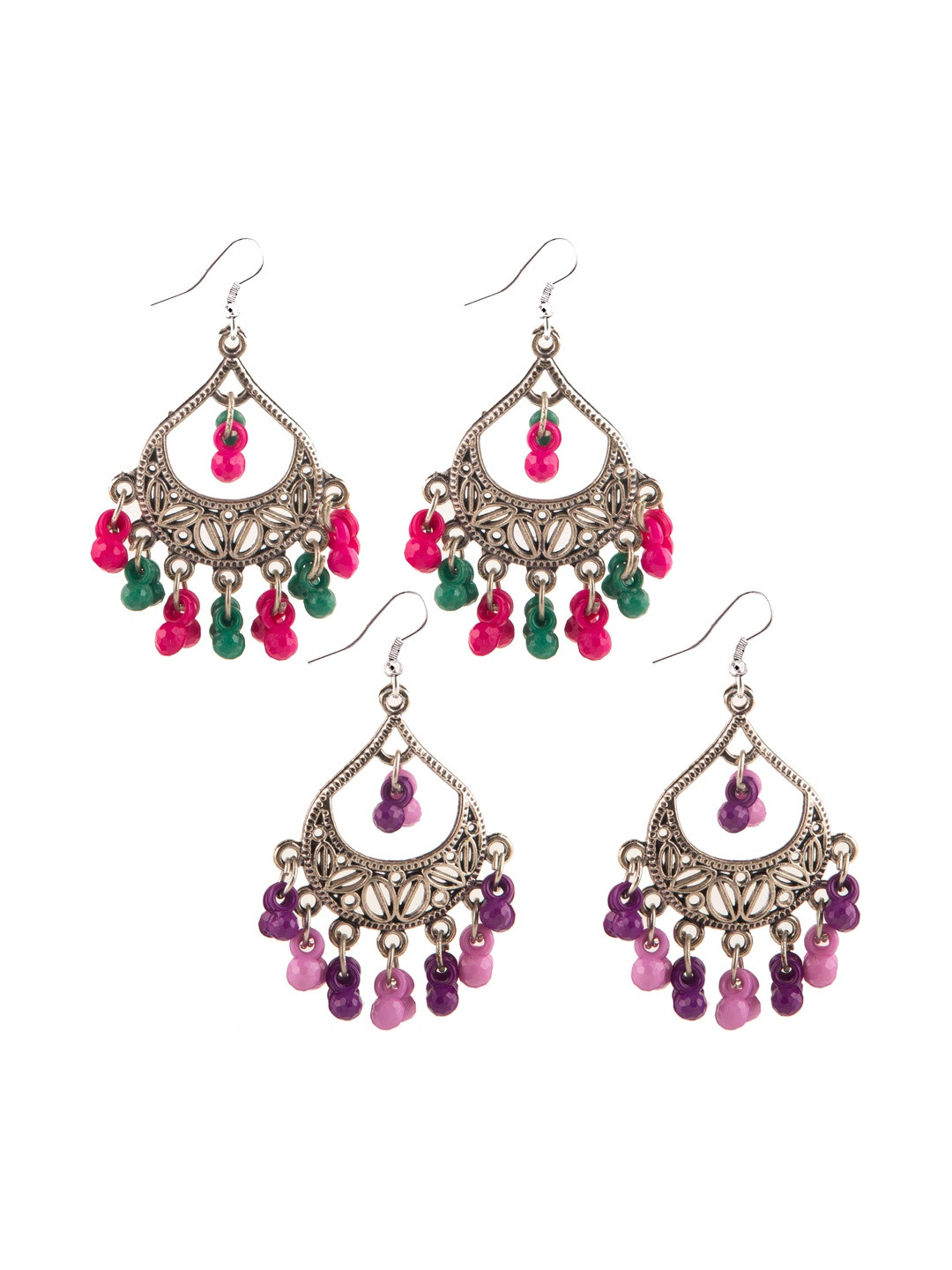 Creative Frogs Women Pack of 2 Silver-Plated Oxidised Teardrop Shaped Dangler Earrings